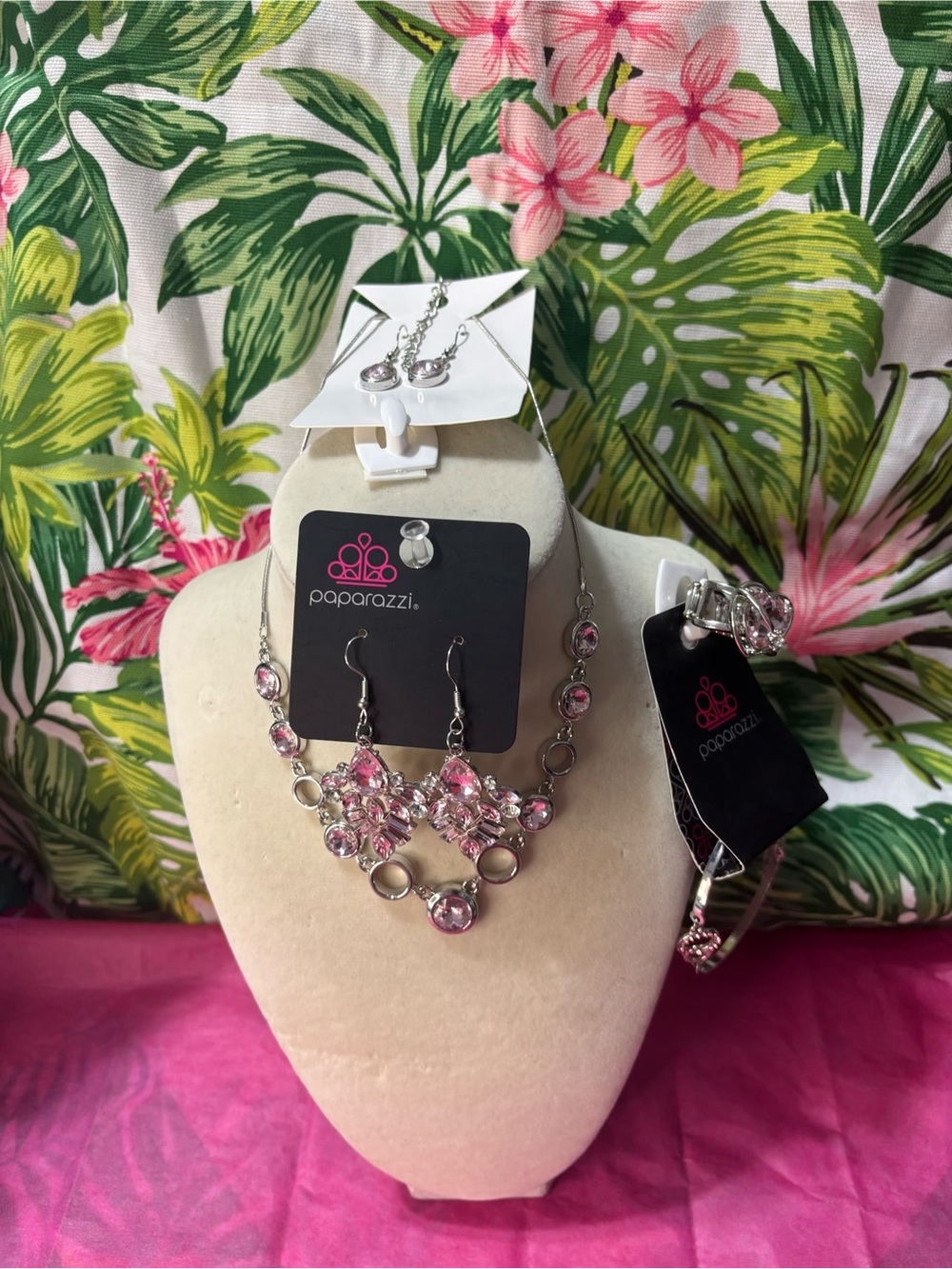 paparazzi Pink Crystal Statement Necklace Set with Earrings and Bracelet